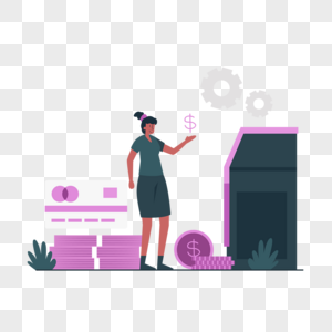 女人金钱符号atm机器存钱概念插画图片