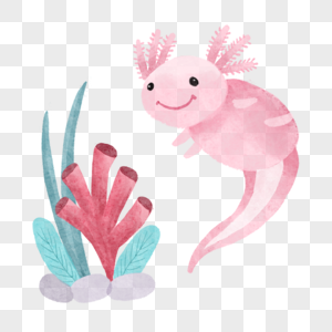 蝾螈和海草水彩可爱动物粉红色图片