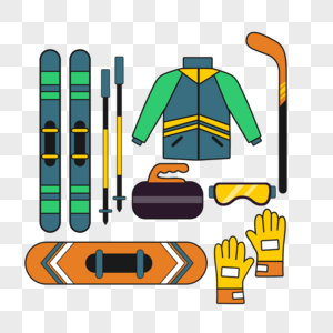 滑雪用品卡通平面服装滑雪板高清图片