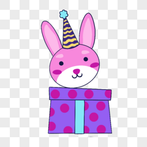 蓝紫色系生日组合戴帽子的兔子和礼物高清图片