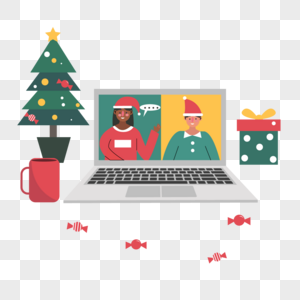 通过电脑进行圣诞节狂欢在线派对防护插画图片