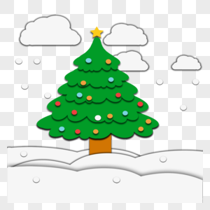 冬季圣诞剪纸圣诞树多彩五角星云朵图片