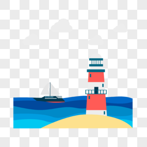 卡通海洋灯塔帆船航行海岸插画图片