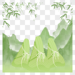 绿色水彩山脉柳叶端午水墨粽子边框图片