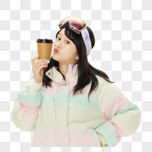 戴着滑雪眼镜手握咖啡杯的女孩图片