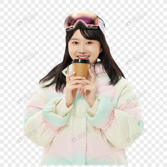 戴着滑雪眼镜的女孩手握咖啡杯图片