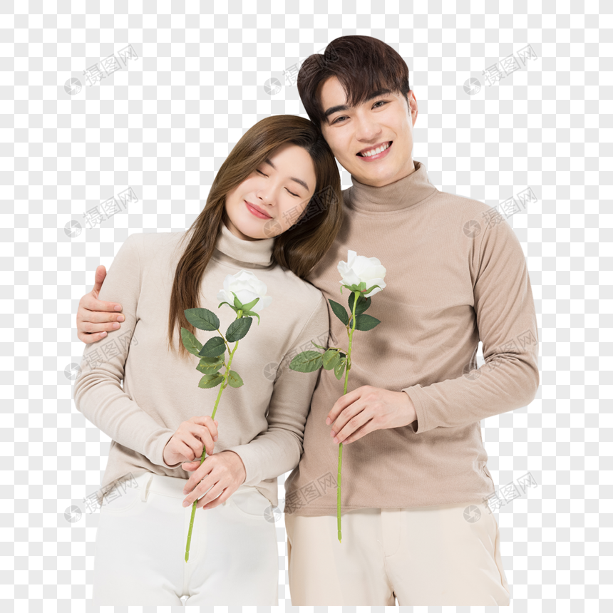 韩系情侣亲密相拥手拿玫瑰鲜花图片