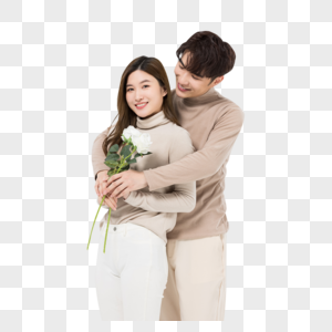 韩系情侣亲密相拥手拿玫瑰鲜花年轻人高清图片素材