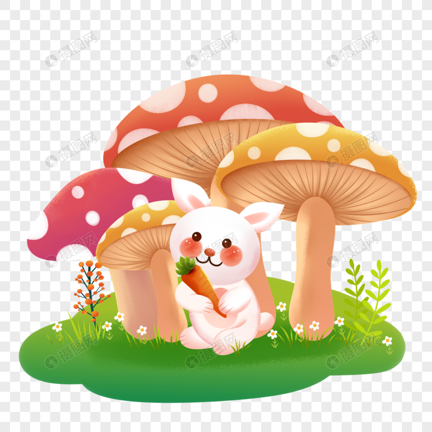 蘑菇丛中小兔子抱萝卜插画元素图片