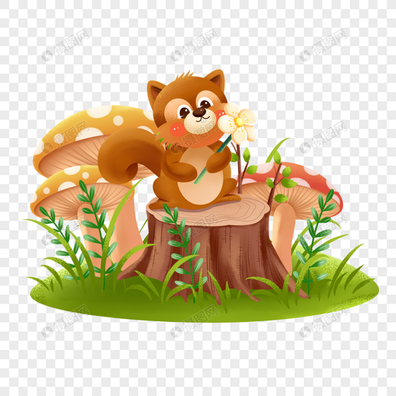 春天树桩上的可爱小松鼠插画元素图片