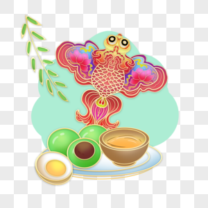 清明节国潮金边金鱼风筝青团传统小吃图片