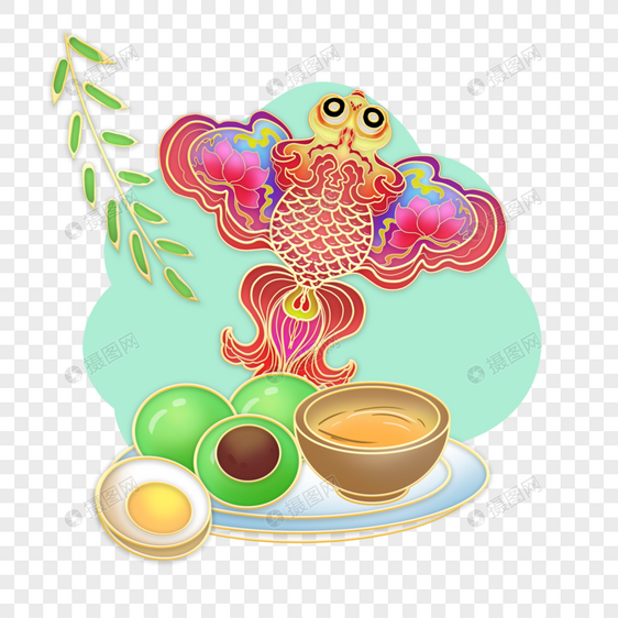 清明节国潮金边金鱼风筝青团传统小吃图片