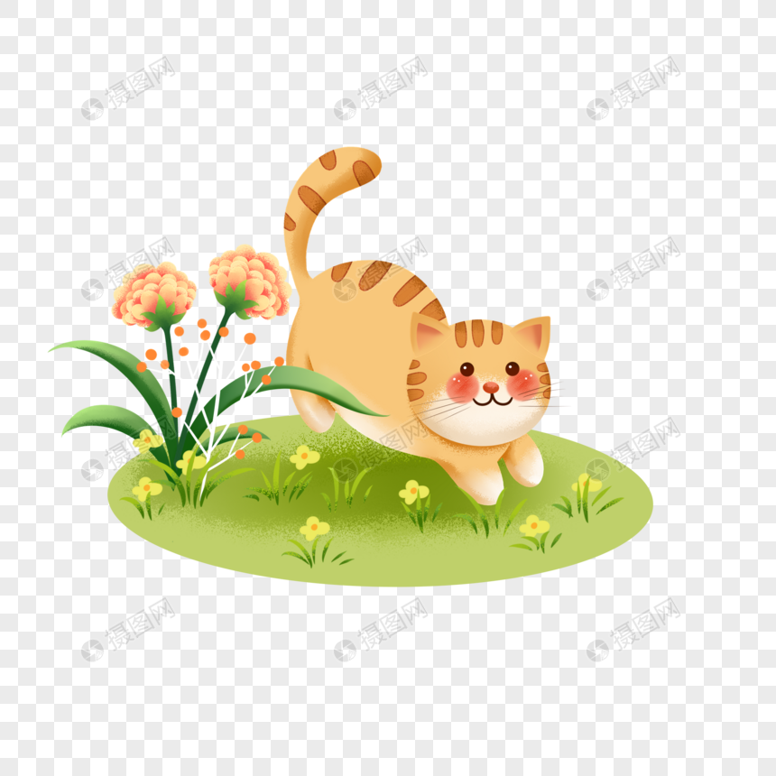 春天花朵可爱橘猫插画元素图片