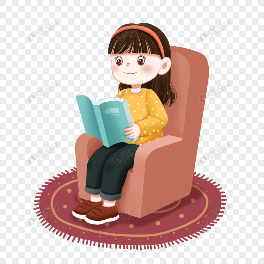 世界阅读日沙发上看书的小女孩卡通人物元素图片