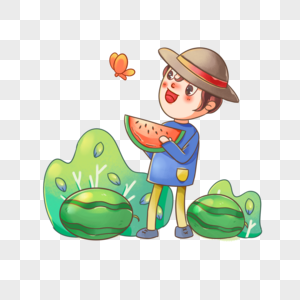 立夏节气吃西瓜的小男孩图片