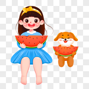 坐着吃瓜的女孩和小狗高清图片