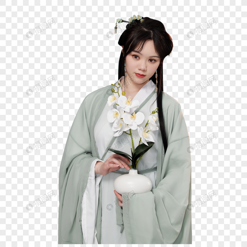 古装汉服美女手捧兰花瓶图片