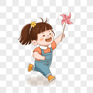 儿童节玩纸风车的小女孩卡通人物元素高清图片