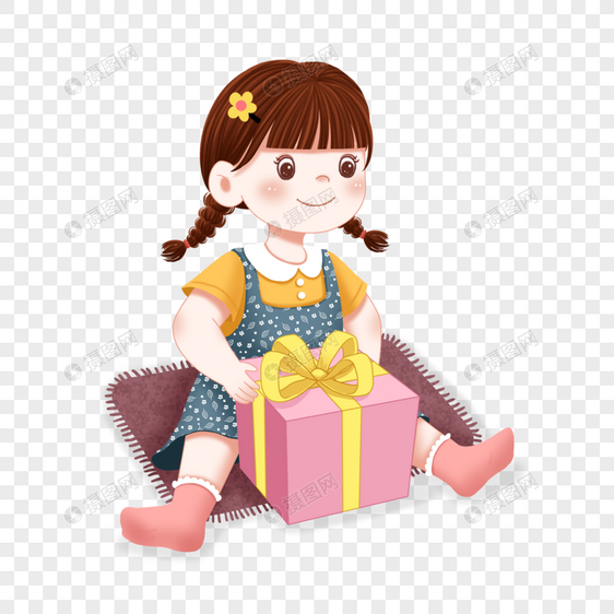 儿童节拆礼物的小女孩卡通人物元素图片