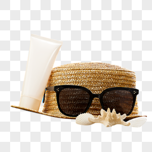 夏天沙滩上的草帽和防晒霜图片