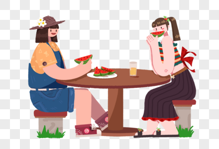 两个女孩吃瓜图片