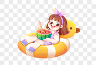 坐在游泳圈中吃瓜的女孩图片