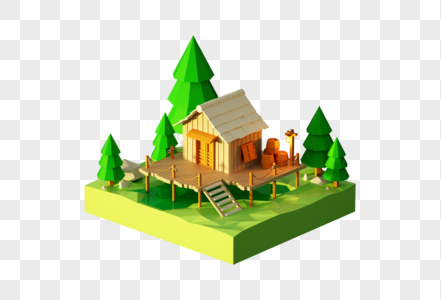创意C4D森林木屋度假村3D立体模型高清图片