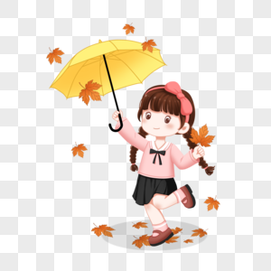 秋天枫叶中撑着伞的小女孩图片