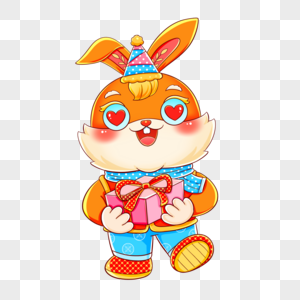 国潮兔年春节新年抱礼物礼盒的兔子元素高清图片