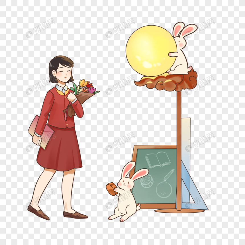 教师节遇上中秋节明月兔子和月饼图片