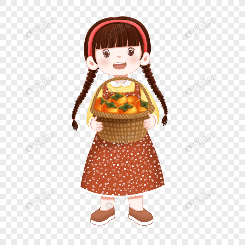 秋天抱着一篮柿子的女孩图片