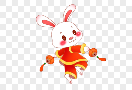 2023年兔年新年可爱的卡通小兔子提着两个小红灯笼高清图片