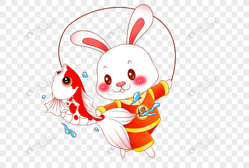2023年兔年新年卡爱的卡通小兔子钓锦鲤图片
