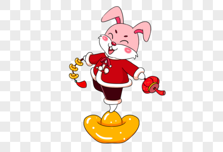 2023年兔年新年可爱的卡通兔子拿着和元宝串站在大金元宝上图片