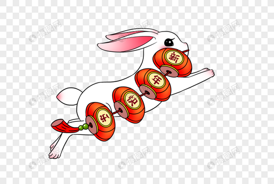 2023年兔年新年可爱的小白兔叼着红灯笼奔跑跳跃图片