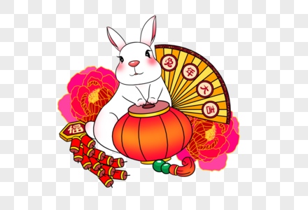 2023年兔年新年可爱的卡通小白兔和灯笼鞭炮扇子牡丹花图片