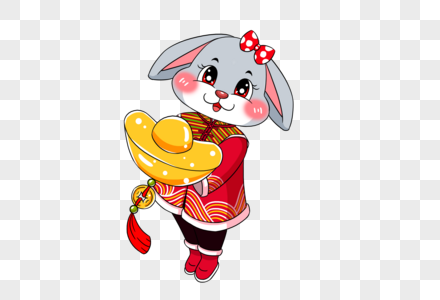 2023年兔年新年抱着金元宝穿着红色唐装的可爱卡通垂耳兔图片