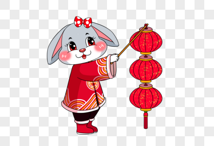 2023年兔年新年正在挂灯笼的穿着红色唐装的可爱卡通垂耳兔图片