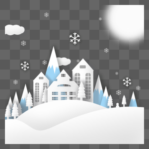 冬天剪纸风圣诞节雪景剪纸建筑风景白云雪山图片