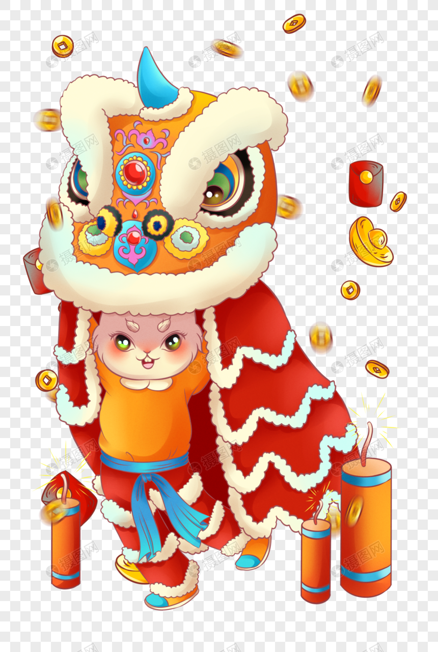 新年兔子兔年舞狮手绘插画图片