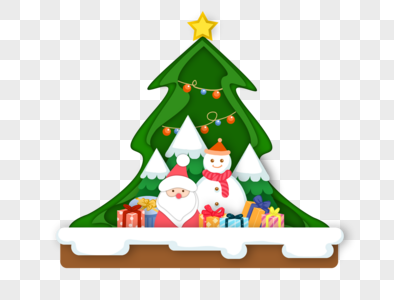绿色红色剪纸风圣诞老人与装饰圣诞树驯鹿元素图片