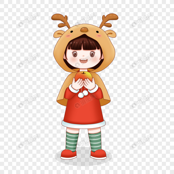 圣诞节穿驯鹿斗篷拿着平安果的女孩图片