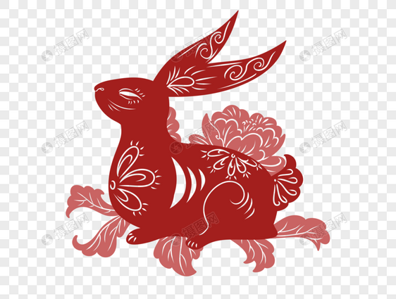 创意红金剪纸风兔年红色兔子花朵剪纸窗花图片