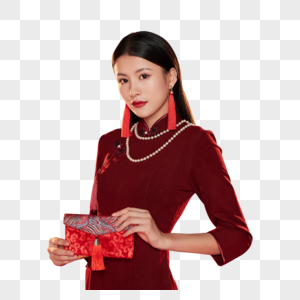 穿旗袍的年轻女子拿着古典红色手提包图片
