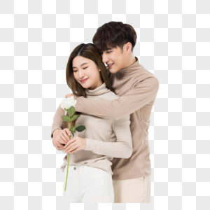 韩系情侣亲密拥抱手拿玫瑰花图片