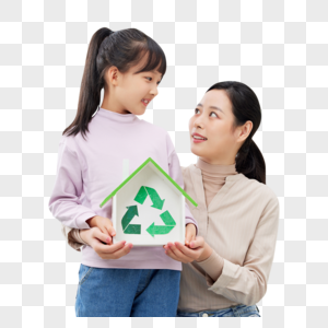 妈妈和女儿手捧环保可回收标志图片