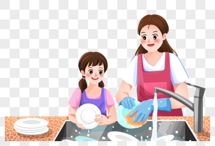 陪妈妈洗碗的女孩图片