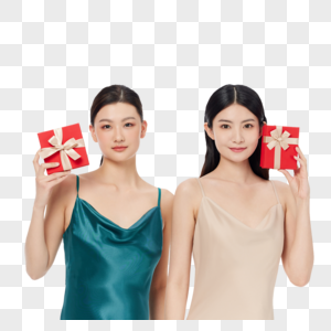 双人年轻女性手拿礼盒图片