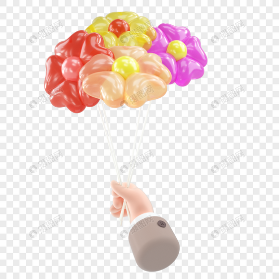 3D立体手持心形气球花朵主题模型元素图片
