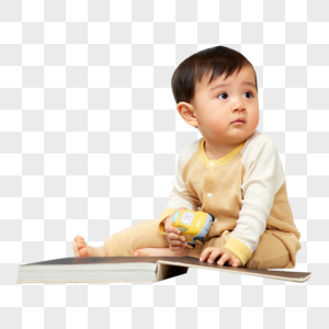 婴幼儿小宝宝独自坐在客厅看书图片